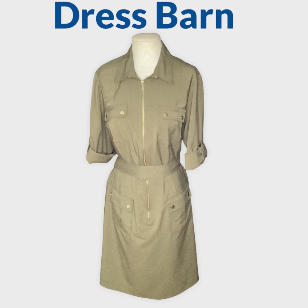 DRESS BARN UTILITY DRESS OLIVE GREEN W POCKETS, BELT, ROLL UP SLEEVES SIZE 18